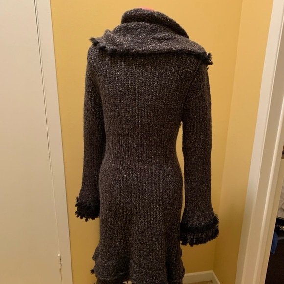 Olivia M long cardigan with knit ruffles and faux fur tuft trim - Picture 4 of 16